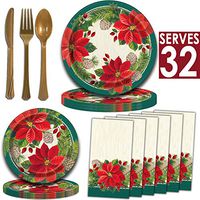 Holiday Poinsettia Dinnerware - 32 Servings - Dinner Plates, Dessert Plates, Guest Towel Napkins, Matte Gold Plastic Cutlery - Disposable Paper Tableware for Elegant Christmas Parties