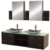 Wyndham Collection Avara 72 inch Double Bathroom Vanity in Espresso, Green Glass Countertop, Altair Black Granite Sinks, and Medicine Cabinets