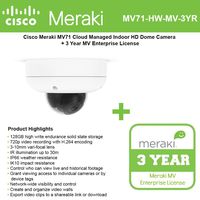 Cisco Meraki MV71 Cloud Managed Indoor HD Dome Camera with 3 YR MV Ent. License