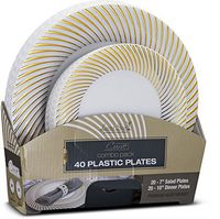Laura Stein Designer Dinnerware Set of 40 Premium Plastic Wedding/Party Plates: White, Gold Rim. Set Includes 20 10.75" Dinner Plates & 20 7.5” Salad Plates | Curve Series