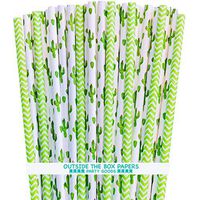 Cactus Themed Paper Straws - Green White Succulents and Lime Chevron - 100 Pack
