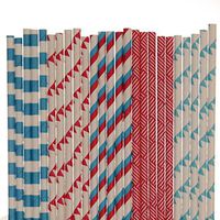 Dr Seuss Paper Straw Mix - Red and Blue - Pennant Banners, Stripe, Basket Weave (100)