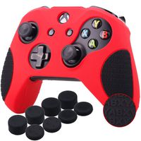 YoRHa Thickened Rubber Silicone Cover Skin Case 3D Letters Massage Grip for Xbox One S/X Controller x 1(Red&black) With PRO Thumb Grips x 8
