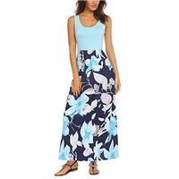 Summer Dress, Women Boho Sleeveless Maxi Dresses Round Neck Pachwork Floral Print Tank Vest Sundrss Beach Long Dress (XXL-US:12, Blue)
