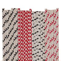 Mustache Paper Straw Mix - Red, Black, White - Pennant Banners, Gingham, Mustache (100)