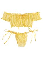 SheIn Women's Self Tie Ruffle Trim Dobby Mesh Lingerie Set Sexy Bra and Panty Yellow Large