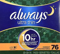 Always tEcdFE Ultra Thin Overnight Pads with Wings, Unscented, 76 Count (2 Pack)