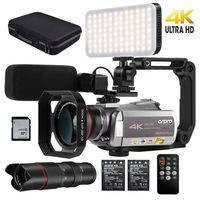 Camcorder 4k Video Camera ORDRO 4k 30fps Vlog Camera 1080p 60fps IR Night Vision Video Recorder 3.1'' IPS WiFi Camcorder with Mic, LED Light, Wide-Angle Lens, Telescope and Carrying Case (Gold)