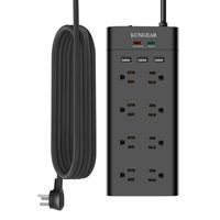 12Ft Extra Long Cord Power Strip Surge Protector, Kungear 8-Outlet 1050J Surge Protector, 15A/1800W, Low Profile Flat Plug, 5V 3.1A Smart USB, Wall Mountable, Idea for Home and Office, Black