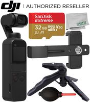 DJI Osmo Pocket Gimbal with Essential Phone Holder Accessory Bundle - Includes: SanDisk Extreme 32GB microSDHC Memory Card + Phone Holder Bracket + Pistol Grip/Tabletop Tripod + Dust Blower + More