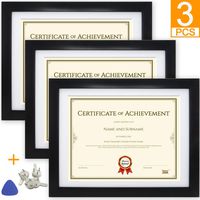 Memory Island Document Diploma Frames 8.5x11 with Mat, Set of 3 Pack, Certificate Frames, Black, Glass Fronts. Vertical or Horizontal Display, Wall Decor Frame