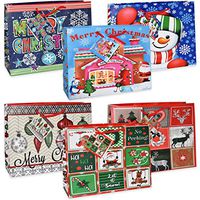 12 Small Christmas Gift Bags Bulk Variety Assortment Goody Bag Set with Handles and Tags for Wrapping Holiday Gift with Horizontal Wide Opening
