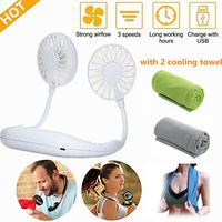 Myfreed Hands Free Personal Fan Neck-Type Hanging Personal Fan with USB Cable Rechageable Portable 3 Speeds Adjustable Wearable Fan for Home Office Travel Indoor Outdoor Activities (1 White+2 Towels)