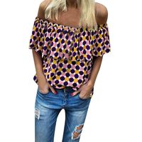 Sunhusing Womens Sexy Off-Shoulder Ruffled Short-Sleeve Shirt Gradient Polka Wavy Dot Print Slim T-Shirt Pink