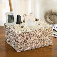 T-ZJHC Multi-Function Tissue Box Desktop Living Room Coffee Table, Square 2 Grid - Gold Carving Pattern