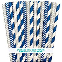 Outside the Box Papers Navy Blue and Silver Chevron and Striped Paper Straws 7.75 Inches 100 Pack Navy Blue, Silver