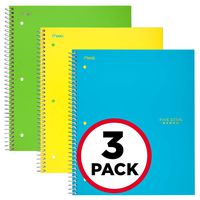 Five Star Spiral Notebooks, 1 Subject, Graph Ruled Paper, 100 Sheets, 11" x 8-1/2", Teal, Yellow, Lime, 3 Pack (38629)