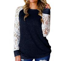 Oliviavan Women Loose T-Shirt Long Sleeve Lace Patchwork Casual Tops (Navy, M)