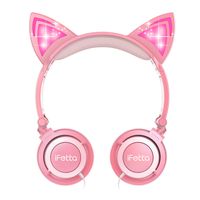 Kids Headphones, Ifecco Cat Ear Wired Headphones Light Glowing Foldable Over Ear Headset Pink for Girls with 3.5mm Audio Cable