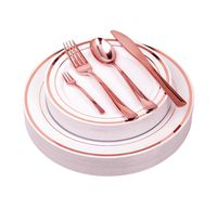 125Pieces Premium Quality Heavyweight Tableware/Elegant Plastic Disposable dinnerware: 25 Dinner Plates, 25 Salad or Dessert Plates & 25 Polished Rose Gold Forks Knives & Spoon/Bonus 25 Dessert Forks