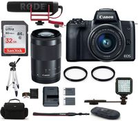 Canon EOS M50 Mirrorless Digital Camera with 15-45mm + 55-200mm Lenses Video Creator Kit (USA Warranty) Bundle, Includes: 32GB SDHC Class 10 Memory Card + Spare Battery + Full Size Tripod + More