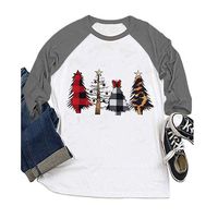 Winsummer Women O Neck Christmas Tree Graphic Tees Blouse Long Raglan Sleeve Baseball T Shirt Top Gray