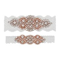 yanstar Wedding Bridal Garter Off-White Stretch Lace Bridal Garter Sets with Rose Gold Rhinestones Clear Crystal Pearl for Wedding