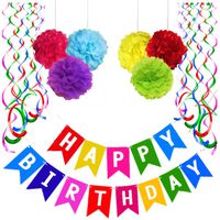 Colorful Happy Birthday Banner, With 6 Tissue Pom Pom Color Pink, Red And Blue, And Yellow And Purple, And Green, With 6 Hanging Swirls, For Birthday Decorations