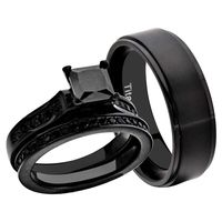 FlameReflection Couple Ring Bridal Set His and Hers Wedding Ring Set Black Stainless Steel Princess CZ Women's Eternity Wedding Ring & Black Plated Titanium Step Edge Men's Wedding Engagement Band
