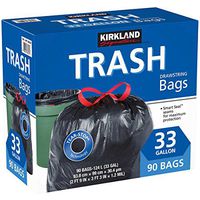 Kirkland Signature Carton is 100% recyclable 33 Gallon Black Drawstring Trash Bag 90 Count ,Tear-Stop Technology