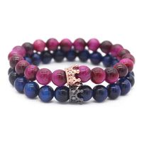 POSHFEEL 8mm Natural Stone CZ Micro Pave Crown King Queen Beads His and Hers Couple Bracelet, Red/Blue Tiger Eye Stone, 7.5"