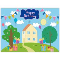 Allenjoy 8x6ft Happy Birthday Party Backdrop Favors Cartoon House Trees Street Sky Flags Props Photography Baby Shower Kids Boys Prince Celebration Photo Booth Studio Props Banner Decorations Supplies