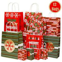 Christmas Gift Bags with Metallic foil Finish,Large, Petite Medium and Extra Small Variety Pack, 4 Bags in Each Size (Set of 12 Bags) (Merry Red & Green)