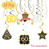 60 Birthday Decoration Happy 60th Birthday Party Silver Black Gold Foil Hanging Swirl Streamers I'm Sixty Years Old Today Birthday Hat Gold Star Ornament Party Present Supplies