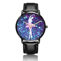 Whiterbunny Customized Glitter Ballet Dancer Wrist Watch Unisex Analog Quartz Fashion Black Leather Bracelet Wristwatch for Women and Men