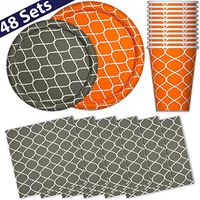 Paper Dinnerware Set for 48 - Orange Pumpkin & Gray - Dinner Plates, Dessert Plates, Cups, Napkins - Heavy Duty Disposable Tableware Dishes for Parties with Lattice Design