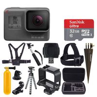 GoPro HERO6 Black + SanDisk Ultra 32GB Micro SDHC Memory Card + Hard Case + Chest Strap Mount + Head Strap Mount + Flexible Tripod + Extendable Monopod + Floating Handle - Great Value Accessory Bundle