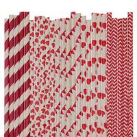 Biodegradable Paper Straws Mix, Valentines Day, Red, Striped Heart Pennant Banner Chevron (50)