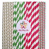 100 pcs Mixed Christmas Party Paper Straws, Green Red Striped Chevron Gold Damask Beverage Paper Drinking Straws Bulk, Kids Vintage Colored Cake Pop Sticks
