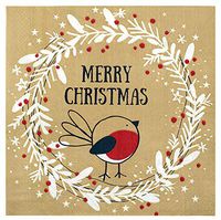 Christmas Napkins Paper Cute, Clearance Festive Wreath & Bird Print/Brown Recycled Napkins Decorative Disposable Holiday Dinner, Lunch/Luncheon, Buffet Brunch Rustic Xmas Party Decor