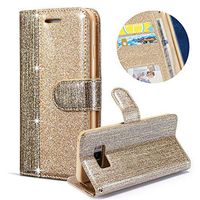 Glitter Stitching Drill Leather Case for Samsung Galaxy S8 Plus,Flip Wallet Case for Samsung Galaxy S8 Plus,Moiky Luxury Champagne Gold Shiny Diamond Magnetic Flash Holster PU Leather Shockproof Case