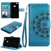 Huawei P10 Lite Wallet Case, EST-EU Retro Mandala Embossing PU Leather Stand Function Protective Covers with Card Slot Holder Wallet Book Case for Huawei P10 Lite, Blue