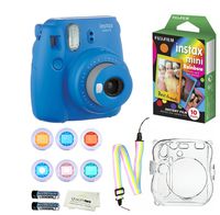 Fujifilm Instax Mini 9 Instant Camera (Cobalt Blue) + 10 Fuji Instant Rainbow Film Sheets + Convenient Instax Clear Case W/ Rainbow Strap + 6-Color Lenses & More