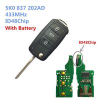 Dudely 3 Buttons Flip Folding Remote Key Fob 433MHz ID48 Chip For VW 5K0837202AD (Include electronic,chip)