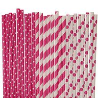 Hot Pink Paper Straw Mix - Polka Dot, Striped (75)