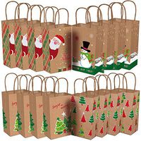 Bags with Handles, Christmas Kraft Paper Prints with Xmas Tree, Snowman, Santa Claus for Presend Wrap Goody Bags, School Classrooms Party Favors, 16 Pack