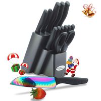 DISHWASHER SAFE Rainbow Titanium Knife Set, Marco Almond KYA25 Kitchen Cutlery Knives Set with Wooden Block, FDA Certified Kitchen Knife Block Set, Perfect For Daily Use and Decor, 14 Piece Black