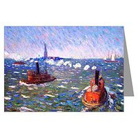 Twelve Note Cards of William Glackens Ashcan School Impressionist Oil Painting Titled Breezy Day, Tug Boats, New York Harbor in a Boxed Set