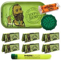 Zig Zag Organic Hemp Metal Rolling Tray, 6 Packs of Zig Zag 1 1/4 Size Organic Hemp Rolling Papers, 78mm Zig Zag Roller, with Acrylic Grinder + Hippie Butler Kewl Tube