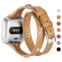 Wearlizer Leather Double Tour Band Compatible with Fitbit Versa/Versa 2 /Versa Lite/Versa SE Women Men,Slim Genuine Leather Rivet Watch Bands Compatible for Fitbit Versa（Light Brown）